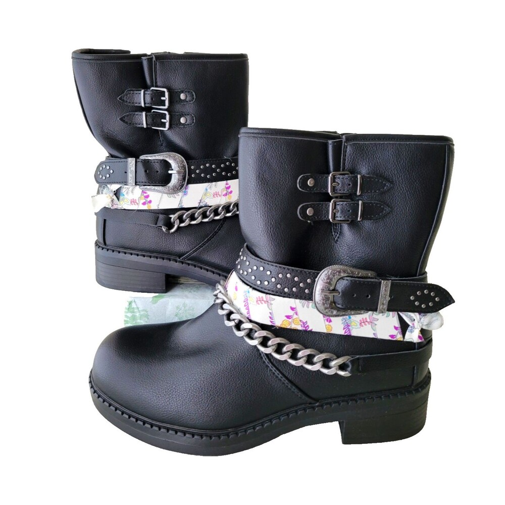Torrid Black Buckle Chain Moto Mid-Calf Boots Zip Studded Floral Strap 9WW